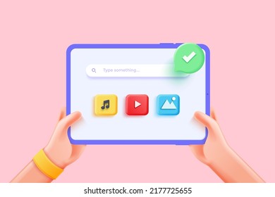 3D cartoon hand holding tablet isolated on pink background. Hand using Media app on tablet. Vector 3d illustration