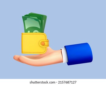 3D cartoon hand holding wallet with money isolated on blue background. Money saving, online payment and payment concept. Vector 3d illustration