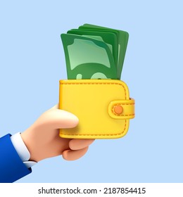 3D cartoon hand holding wallet with dollars bills. Payment concept. Illustration for business web design. Vector 3d illustration