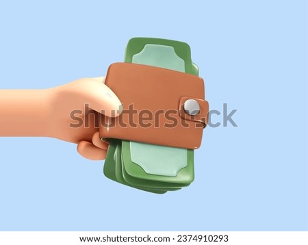3D cartoon hand holding a wallet with bills sticking out. Concept of saving and money. Mobile banking, online service, cashback, refund, loan concept. Vector 3d illustration
