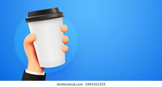 3d cartoon hand holding white coffee cup. Vector illustration