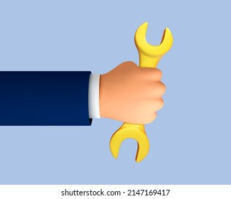 3D cartoon hand holding wrench tool isolated on blue background. Vector 3d illustration