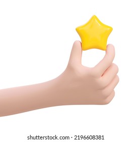 3d cartoon hand holding yellow star. Vector illustration. Sign of feedback, rating, good review, supporting client service successful