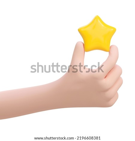 3d cartoon hand holding yellow star. Vector illustration. Sign of feedback, rating, good review, supporting client service successful