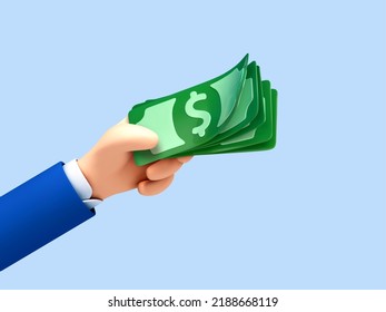 3D cartoon hand holds dollar bills. Concept of financial operation. Payment and Cash back. Money investment and business commerce. Vector 3d illustration