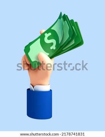 3D cartoon hand holds dollar bills. Concept of financial operation. Payment and Cash back. Money investment and business commerce. Vector 3d illustration