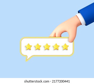 3D cartoon hand holds five star rating. Feedback or rating concept. Sign of feedback or rating. Good review, supporting client service successful. Vector 3d illustration
