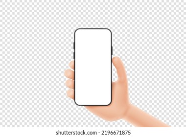 3d cartoon hand holds smartphone. Template of smart phone with blank display in cartoon hand isolated on checkered background. Vector illustration mobile device concept.
