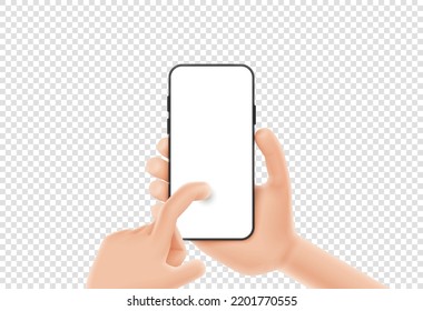 3d cartoon hand holds smartphone. Template of smart phone with blank display in cartoon hand isolated on checkered background. Vector illustration mobile device concept.