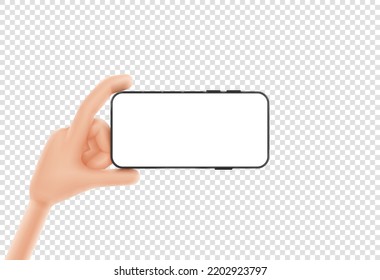 3d cartoon hand holds smartphone. Template of smart phone with blank display in cartoon hand isolated on checkered background. Vector illustration mobile device concept.