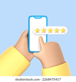 3D cartoon hand leave feedback on phone screen. Hand holding with five star rating on smartphone. Positive user review, rate, online assessment. Vector 3d illustration