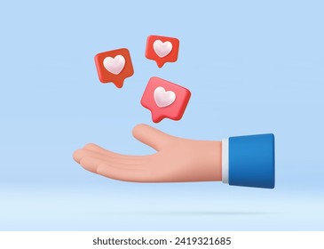 3d Cartoon Hand. Like heart icon on a red pin. Social media concept, web icon, like notifications. 3d rendering. Vector illustration