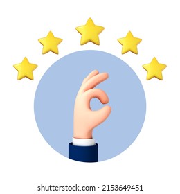 3D cartoon hand hand making OK gesture for success or good feedback. Positive concept and OK symbol. Customer review rating and client feedback concept. 3d vector illustration