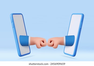 3d cartoon hand and partner giving fist bump hand, businessmen hands sticking out the smart phone screens. teamwork, partnership, friendship. 3d rendering. Vector illustration