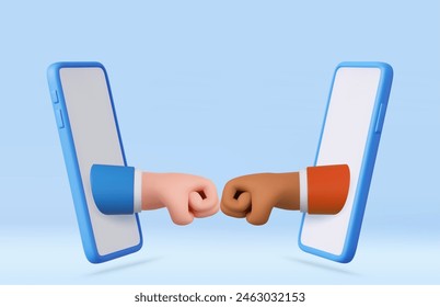 3d cartoon hand and partner giving fist bump hand, businessmen hands sticking out the smart phone screens. teamwork, partnership, friendship. 3d rendering. Vector illustration