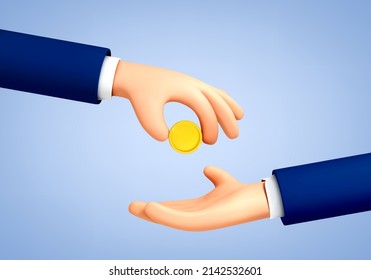 3D cartoon hand passes coin to the other. One hand holding a gold coin gives it to the other. Concept of money, salary, charity, corruption, gift, bribe. Vector illustration
