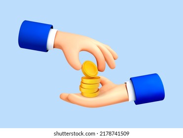 3D cartoon hand passes coin to the other. One hand holding a gold coin gives it to the other. Concept of money, salary, charity, corruption, gift, bribe. Vector 3d illustration