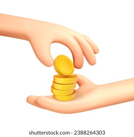 3D cartoon hand passes coin to the other. One hand holding a gold coin gives it to the other. Concept of money, salary, charity, corruption, gift, bribe. Vector 3d illustration
