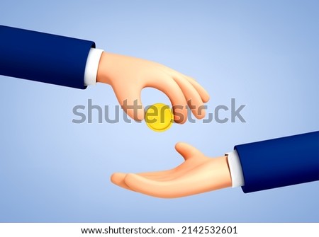 3D cartoon hand passes coin to the other. One hand holding a gold coin gives it to the other. Concept of money, salary, charity, corruption, gift, bribe. Vector illustration
