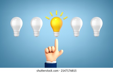 3D cartoon hand points to a  yellow light bulb. Thinking, good idea and business success creative concept. Vector 3d illustration