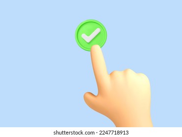 3D cartoon hand presses green button with check mark. Accepting, agree concept. Finger selects successful, correct answer. Vector 3d illustration.