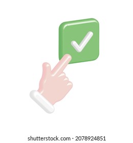 La mano de dibujos animados 3d presiona el botón verde voluminoso con marca de verificación. Señal positiva de consentimiento, sí, bien. El dedo vector selecciona una respuesta correcta y exitosa.