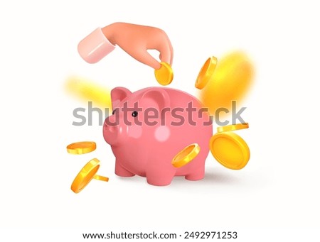 3d cartoon hand putting a coin into a pig piggy bank. Realistic vector illustration