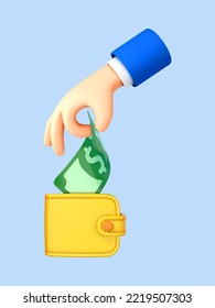Mano de caricatura 3D que pone el billete en una billetera aislada en el fondo azul. Ilustración del vector 3d