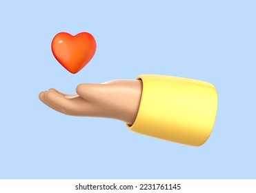 3D cartoon hand with red heart isolated on blue background. Concept of charity, love, health care. Palm hold heart symbols. Vector 3d Illustration