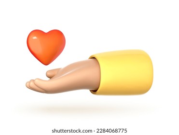 3D cartoon hand with red heart isolated on white background. Concept of charity, love, health care. Palm hold heart symbols. Vector 3d Illustration
