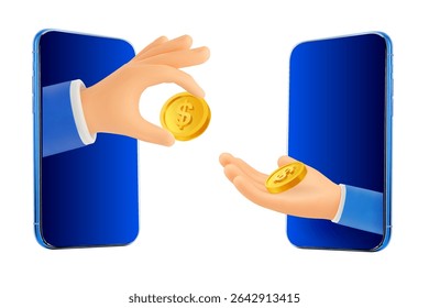 3D cartoon hand from a smartphone passes coin to another hand, isolated on white background. Payment with coin icon concept in 3d vector