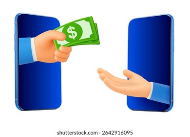 3D cartoon hand from a smartphone passes dollars to another hand, isolated on white background. Payment with cash icon concept in 3d vector