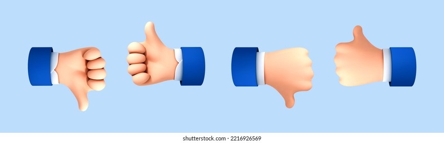 3D cartoon hand with thumb up and down gesture. Vote or rating signs concept. Vector 3d illustration
