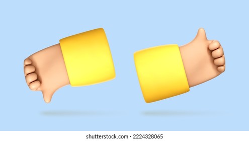 3D cartoon hand with thumb up and down gesture. Vote or rating signs concept. Vector 3d illustration