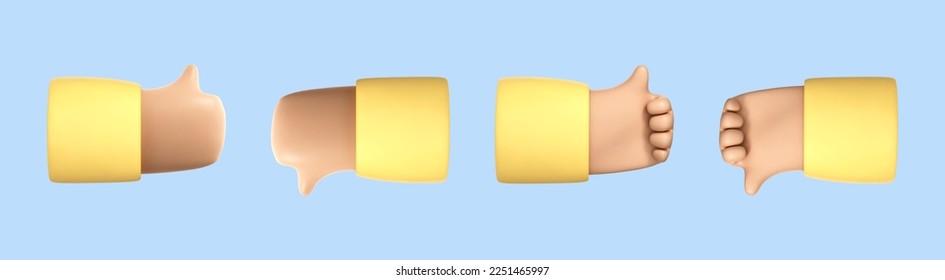 Caricatura 3D mano con el gesto de arriba y abajo. El concepto de voto o de signos de calificación. Ilustración del vector 3d
