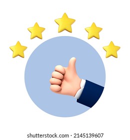 3D cartoon hand thumb up for success or good feedback. Positive concept and like symbol. Customer review rating and client feedback concept. 3d vector illustration