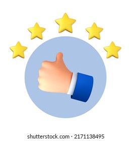 3D cartoon hand thumb up for success or good feedback. Positive concept and like symbol. Customer review rating and client feedback concept. Vector 3d illustration
