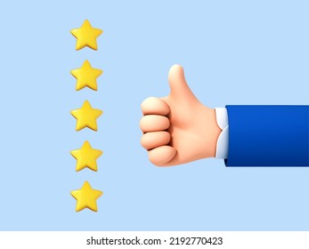 3D cartoon hand thumb up for success or good feedback. Positive concept and like symbol. Customer review rating and client feedback concept. Vector 3d illustration