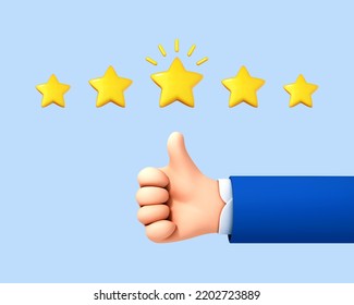 3D cartoon hand thumb up for success or good feedback. Positive concept and like symbol. Customer review rating and client feedback concept. Vector 3d illustration
