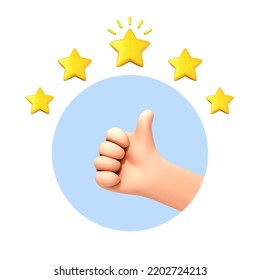 3D cartoon hand thumb up for success or good feedback. Five star rating. Positive concept and like symbol. Customer review rating and client feedback concept. Vector 3d illustration