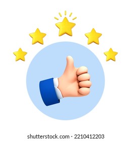 3D cartoon hand thumb up for success or good feedback. Five star rating. Positive concept and like symbol. Customer review rating and client feedback concept. Vector 3d illustration