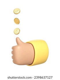 3D cartoon hand tossing a gold coin. Decision making by chance. Concept of excitement, luck, fortune. Vector 3d illustration svg