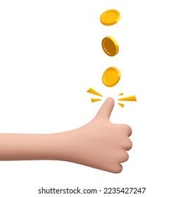 3d cartoon hand tossing, throw a gold coin. Decision making by chance. Excitement, luck, fortune. Vector realistic illustration isolated svg