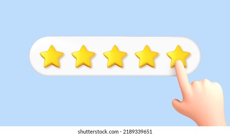 3D cartoon hand touching five star symbol to increase rating. Finger pointing to five star rating. Feedback, reputation and quality concept. Customer review concept