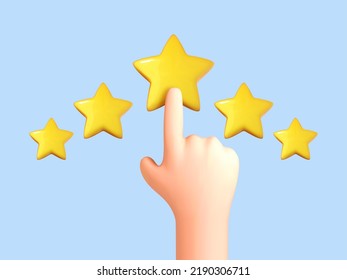 3D cartoon hand touching five star symbol to increase rating. Finger pointing to five star rating. Feedback, reputation and quality concept. Customer review concept.