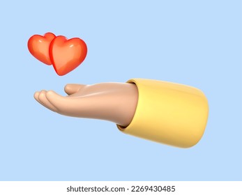 3D cartoon hand with two red heart isolated on blue background. Concept of charity, love, health care. Palm hold heart symbols. Vector 3d Illustration
