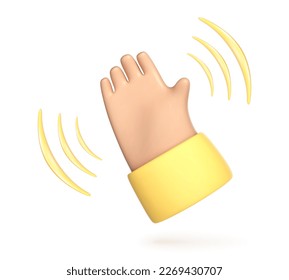 3D cartoon hand waving icon. Hand gesture isolated on white. Hello and Goodbye symbol. Vector 3d illustration