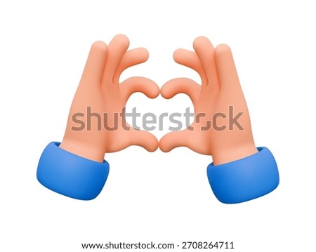 3D cartoon hands in blue sleeves creating heart shape. Expresses love and affection. Smooth textures with a playful, vibrant look against a plain white background.