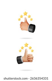 3d cartoon hands giving thumbs up with five golden stars. Best rating and quality assessment concept for product review.