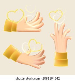 3d cartoon hands with glowing heart sign. 3d icon vector illustration. Cartoon hand render.  Plasticine Cartoon Style.